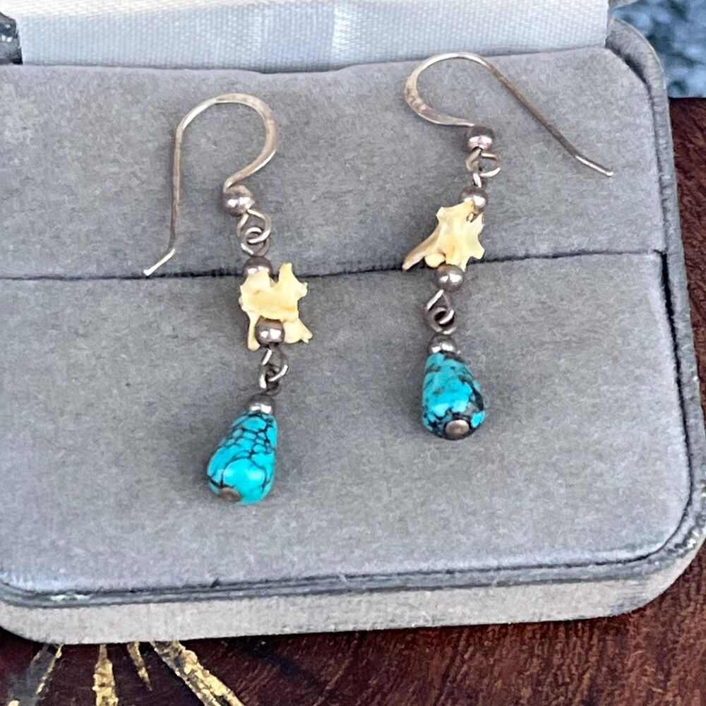 Turquoise and Snake Vertebrae Dangle Earrings in Sterling Silver